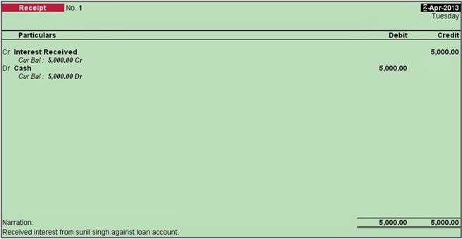 entry how tally Tally in Voucher Receipt