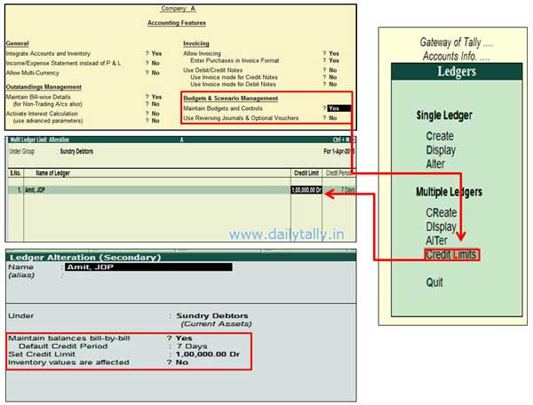 9 tally to entry how Tally Set Credit on account Limit ledger or in Edit ERP9