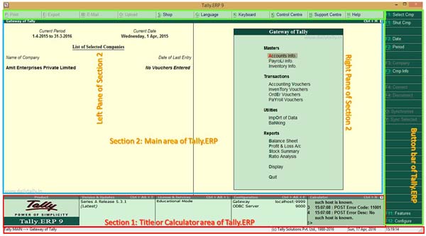 Top sections of Tally-ERP